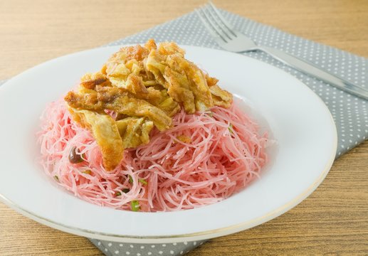 Dish of Red Fried Rice Vermicelli with Eggs and Scallion