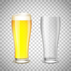 Set of glass, empty and with beer on a transparent background. S
