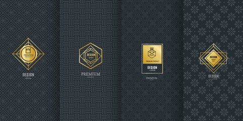 Collection of design elements, labels,icon and frames for packaging and design of luxury products.Made with golden foil Isolated on black background. vector illustration