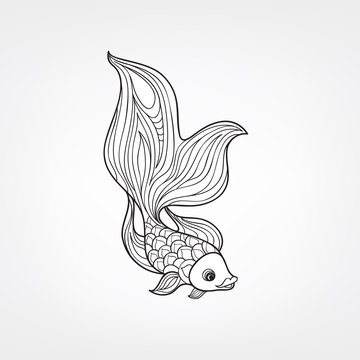 Fish isolated. Doodle line engraved decorative marine life background