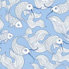 Fish seamless pattern. Doodle line decorative marine life background in japanese style