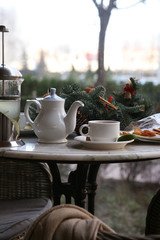  still life with milk tea, biscuits and christmas angel