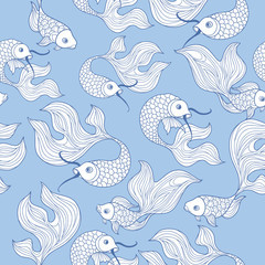 Fish seamless pattern. Doodle line decorative marine life background in japanese style