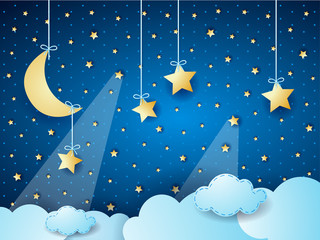 Fototapeta na wymiar Surreal cloudscape by night with moon and hanging stars