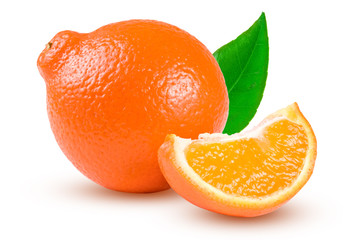 orange tangerine or Mineola with a slice and leaf isolated on white background