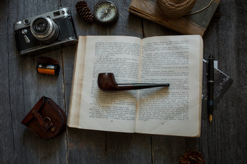 Things for travel on wooden table