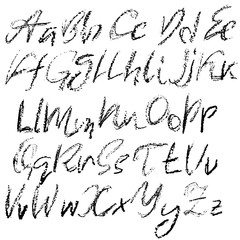Handwritten vector chalked alphabet. Imitation texture of chalk. Modern hand drawn alphabet. Isolated letters.