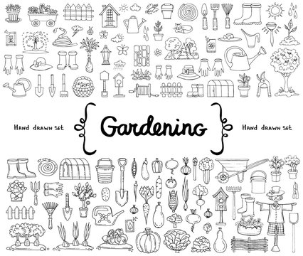 Vector set with hand drawn isolated doodles on the  theme of gardening, garden tools, agriculture, harvest