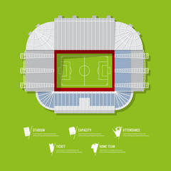 Top view of football stadium or soccer arena.  Sport venue in flat design. Infographic and sport icon set.  Vector Illustration.