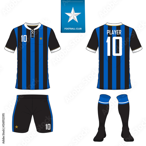 Download Set Of Soccer Kit Or Football Jersey Template For Football Club Flat Football Logo On Blue Label Front And Back View Soccer Uniform Football Shirt Mock Up Vector Illustration Wall Mural Tondruangwit