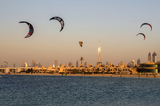 Dubai beach kitesurfing and skyline panorama