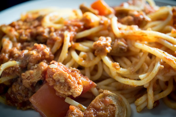 closeup homemade spagetti with italian red sauce on plate