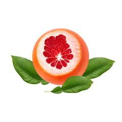 Fresh ripe red grapefruit with green leaves. Red sliced citrus isolated.