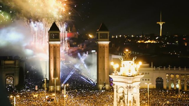 Picturesque Placa Espana at New Year night with city lights in Barcelona