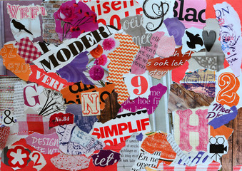 collage mood board made of old magazine paper in pink orange, red colors results in modern art