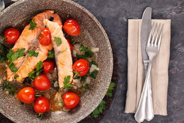  Fried salmon  with vegetables.