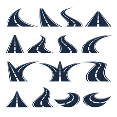 Isolated black color winding curved road or highway with dividing markings on white background vector illustrations set.