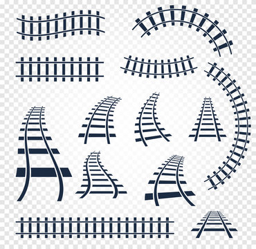 Isolated curvy and straight rails set, railway top view collection, ladder elements vector illustrations on white background.