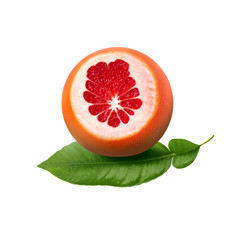 Fresh ripe red grapefruit with green leaves. Red sliced citrus isolated.