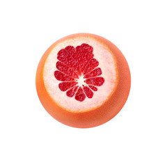 One fresh ripe red grapefruit. Red sliced citrus.