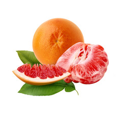 Fresh ripe red grapefruit with green leaves. Red sliced citrus isolated.