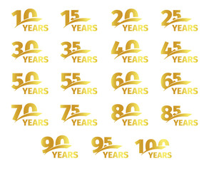 Isolated golden color numbers with word years icons collection on white background, birthday anniversary greeting card elements set vector illustration.