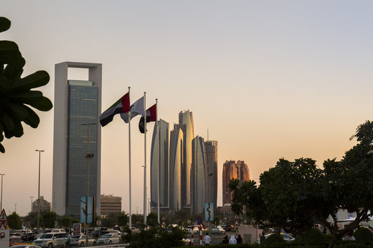 Abu Dhabi skyscrapers at sunset hour