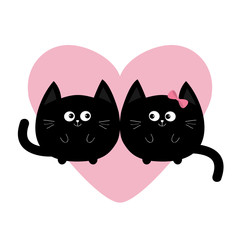 Round shape black cat icon. Love family couple. Pink heart Cute funny cartoon smiling character. Kawaii animal. Happy emotion. Kitty kitten Baby pet collection. White background. Isolated. Flat design