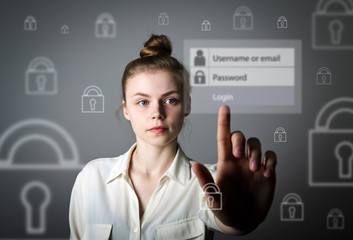 Girl pushing the button. Login and password