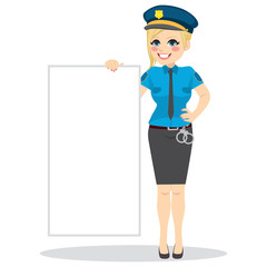 Police woman standing with uniform holding blank board