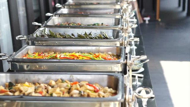 Thai food buffet line. Delicious cuisine party catering