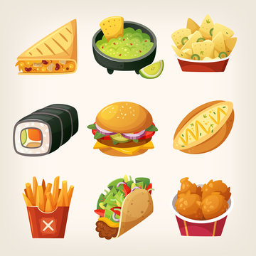 Set of colorful takeaway food to find at street food trucks and in chain fastfood cafes..Icons for menu logos and labels...