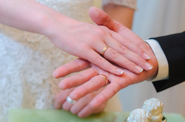 Groom holds the bride's hand in his hand. wedding day