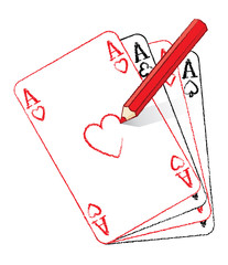 Pencil Drawing Ace of Hearts on Fan of Cards
