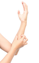 Woman hand scratching on white background for healthy concept