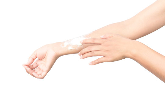 Woman hand with yogurt beauty skin care  on white background