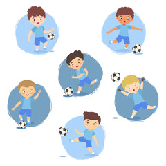 Kids playing Soccer Football Set, Boys Team Blue Uniform with different ethnic and action style isolated vector illustration