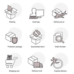 Vector simple set of delivery symbols. Line business icons. Packing, Chat help, Delivery by air, Protection package, Guaranteed return, Order number, Shopping cart, Delivery truck, Express delivery