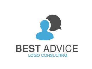 Vector blue grey brand for consulting agency, best advice. Logo design with symbol of speech bubble and man.