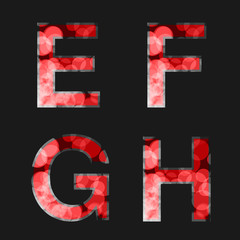 Vector red font illuminated with reflection effect on black background - set 2. Capital initial letter E, F, G, H, for monograms and logos. Glittering style alphabet.
