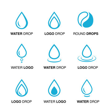 Vector set of abstract blue water logo design, line emblems of drop and drop round symbol