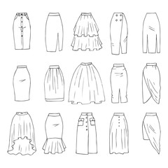 Hand drawn vector clothing set isolated on white. 15 models of trendy midi skirts.