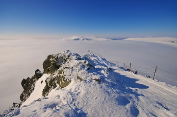 Schneekoppe Aussicht im Winter - view from mountain Sniezka in winter