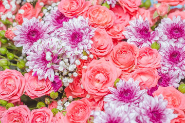 Красивые розовый розы и хризантемы