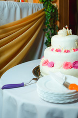 white wedding cake with pink flower decorations