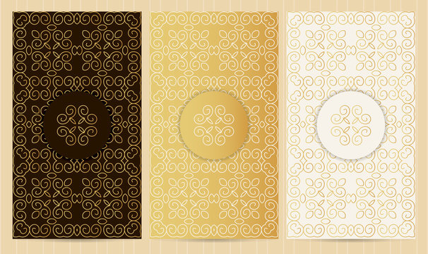 Set of flyers in golden color with logo. Collection of business templates, seamless patterns in islamic, eatern, oriental style.