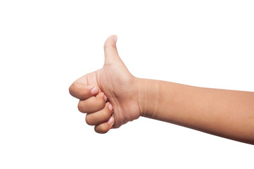children hand with thumb up isolated on white background...