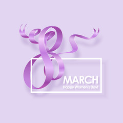 March 8 International Womens Day greeting card with purple ribbon. Background template. Vector illustration.