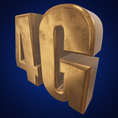 Gold 4G icon on blue background. 3D render letters