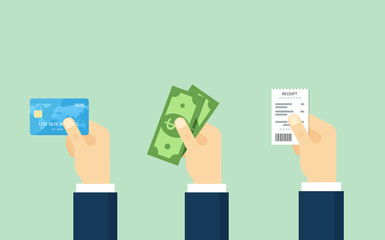 Hand holding debit credit card, cash and receipt - vector illustration.